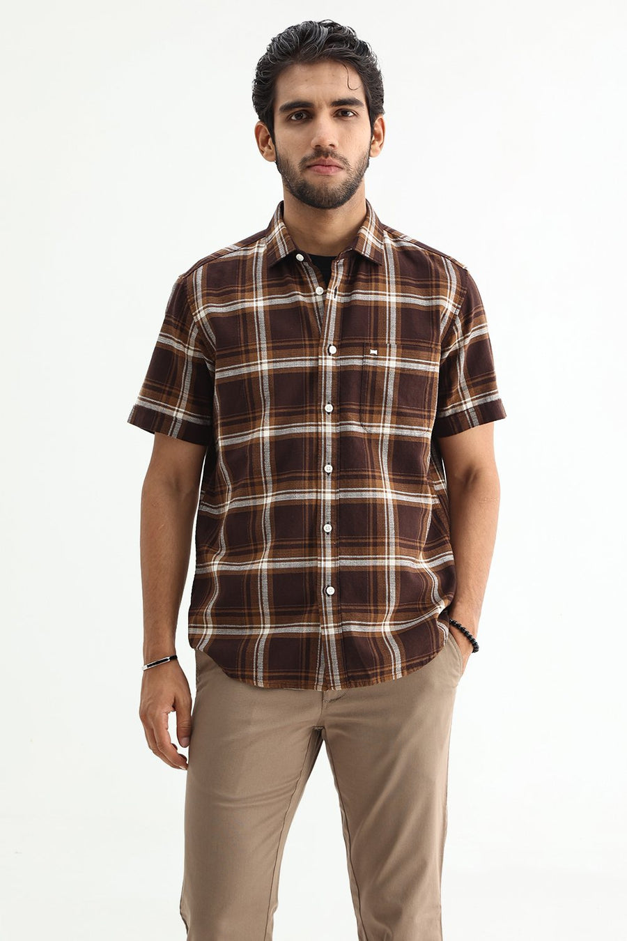 BASICS SLIM FIT SEAL BROWN COTTON HOPSACK CHECKS HALFSLEEVES SHIRT
