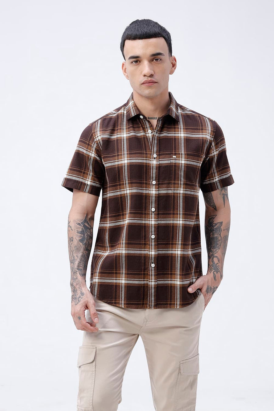 BASICS SLIM FIT SEAL BROWN COTTON HOPSACK CHECKS HALFSLEEVES SHIRT