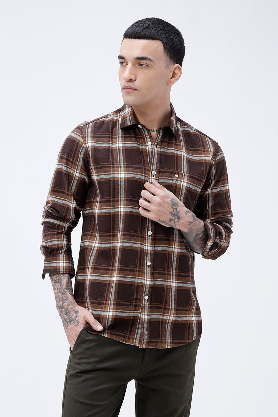 BASICS SLIM FIT SEAL BROWN COTTON HOPSACK CHECKS SHIRT