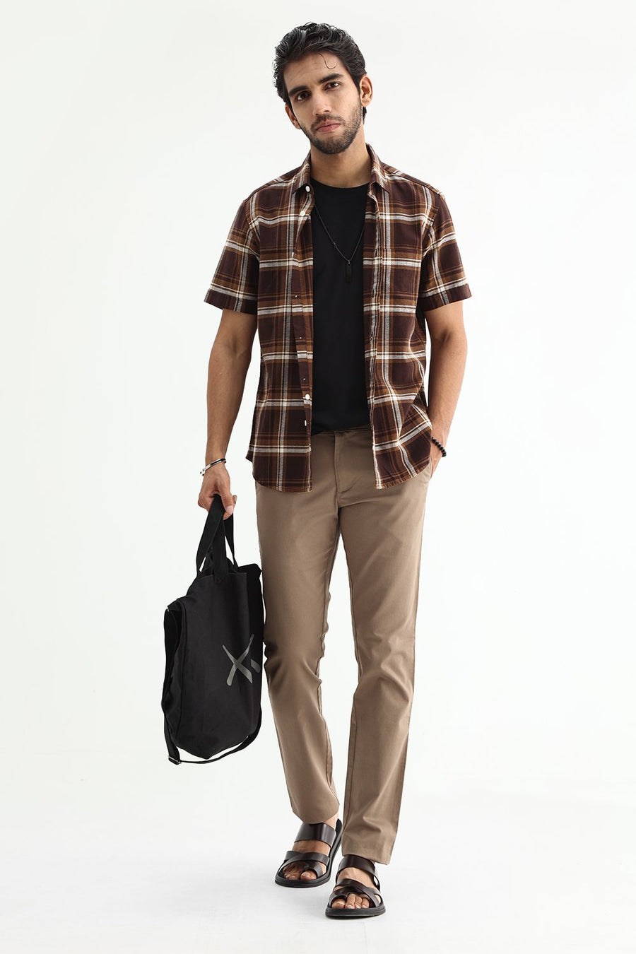 BASICS SLIM FIT SEAL BROWN COTTON HOPSACK CHECKS HALFSLEEVES SHIRT