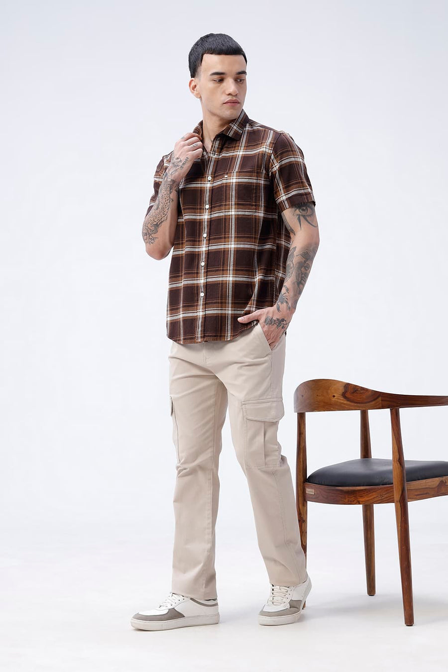 BASICS SLIM FIT SEAL BROWN COTTON HOPSACK CHECKS HALFSLEEVES SHIRT