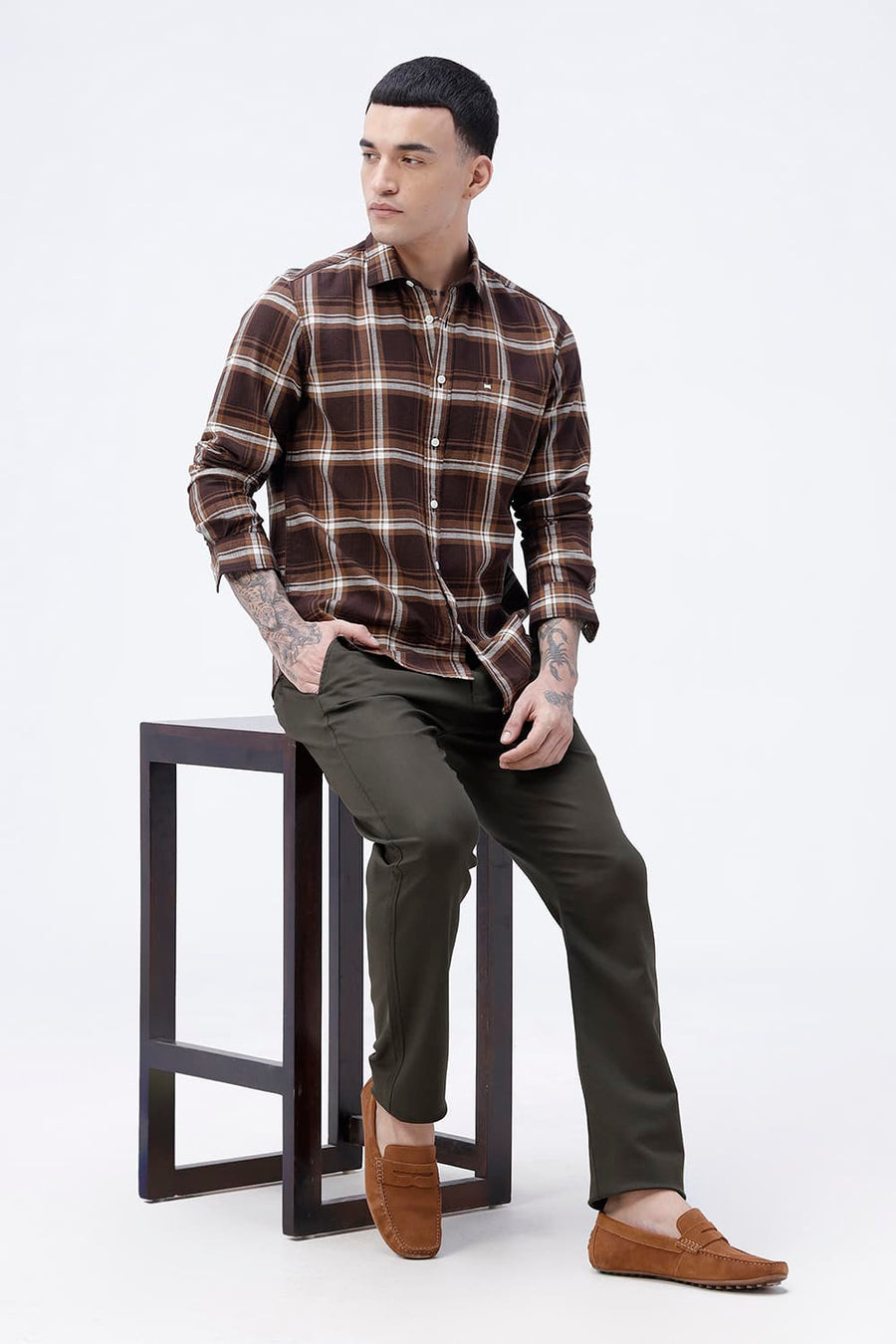 BASICS SLIM FIT SEAL BROWN COTTON HOPSACK CHECKS SHIRT
