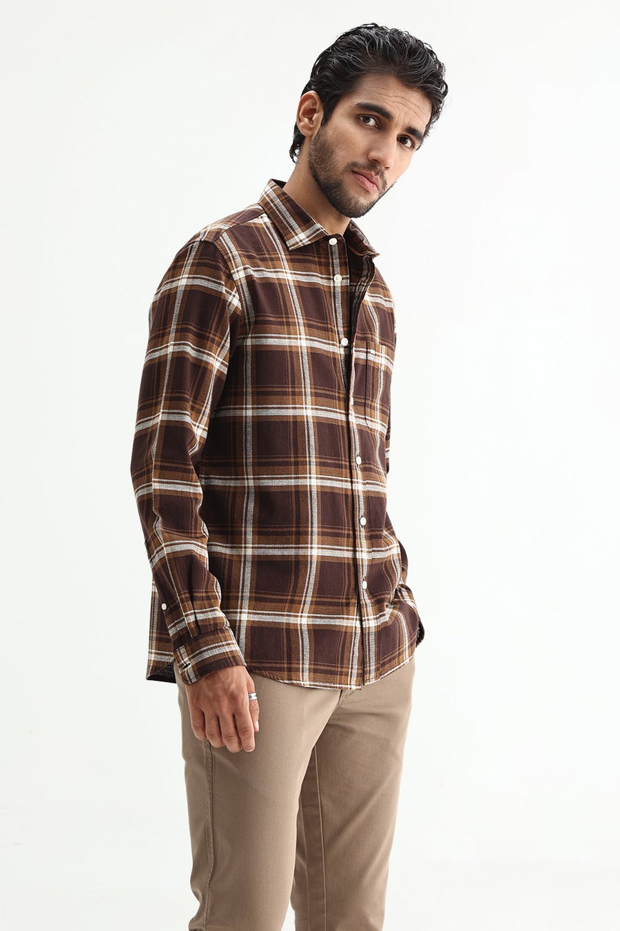 BASICS SLIM FIT SEAL BROWN COTTON HOPSACK CHECKS SHIRT