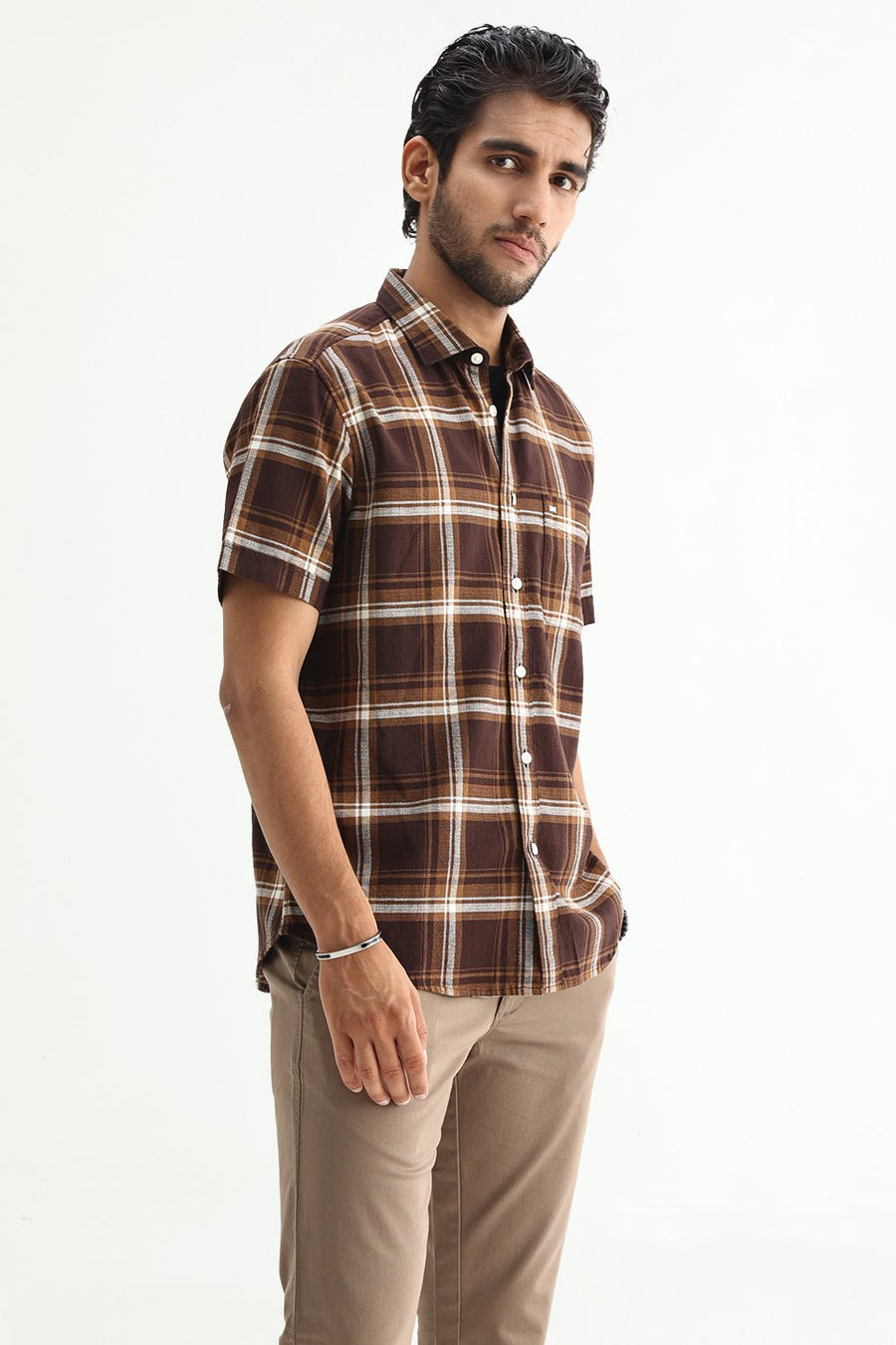 BASICS SLIM FIT SEAL BROWN COTTON HOPSACK CHECKS HALFSLEEVES SHIRT