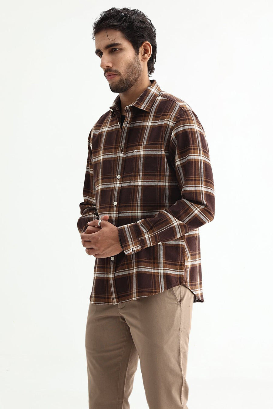BASICS SLIM FIT SEAL BROWN COTTON HOPSACK CHECKS SHIRT