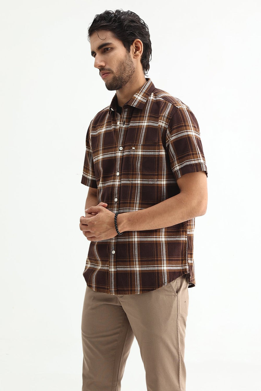 BASICS SLIM FIT SEAL BROWN COTTON HOPSACK CHECKS HALFSLEEVES SHIRT