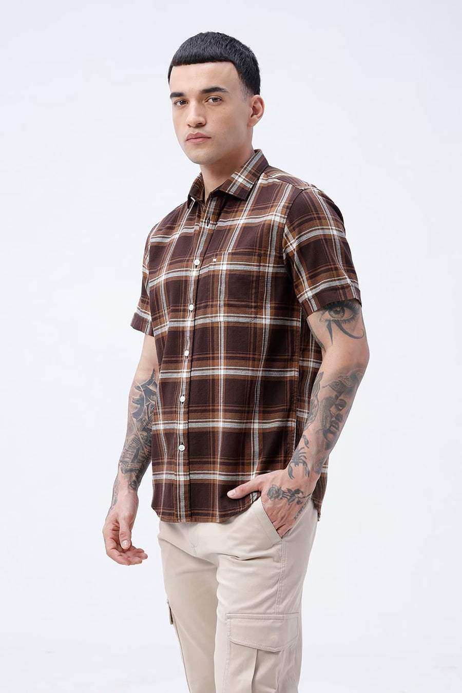BASICS SLIM FIT SEAL BROWN COTTON HOPSACK CHECKS HALFSLEEVES SHIRT