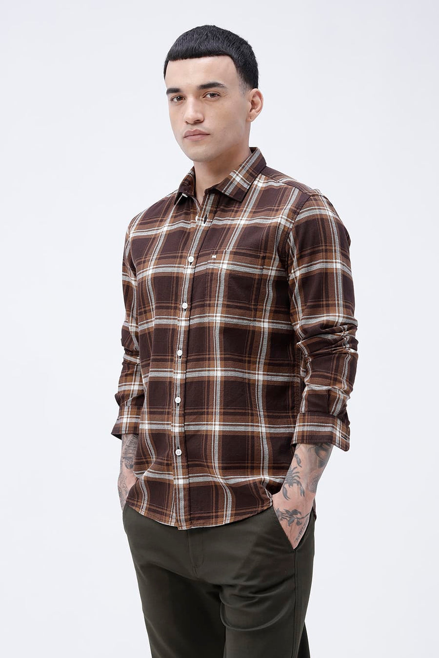 BASICS SLIM FIT SEAL BROWN COTTON HOPSACK CHECKS SHIRT