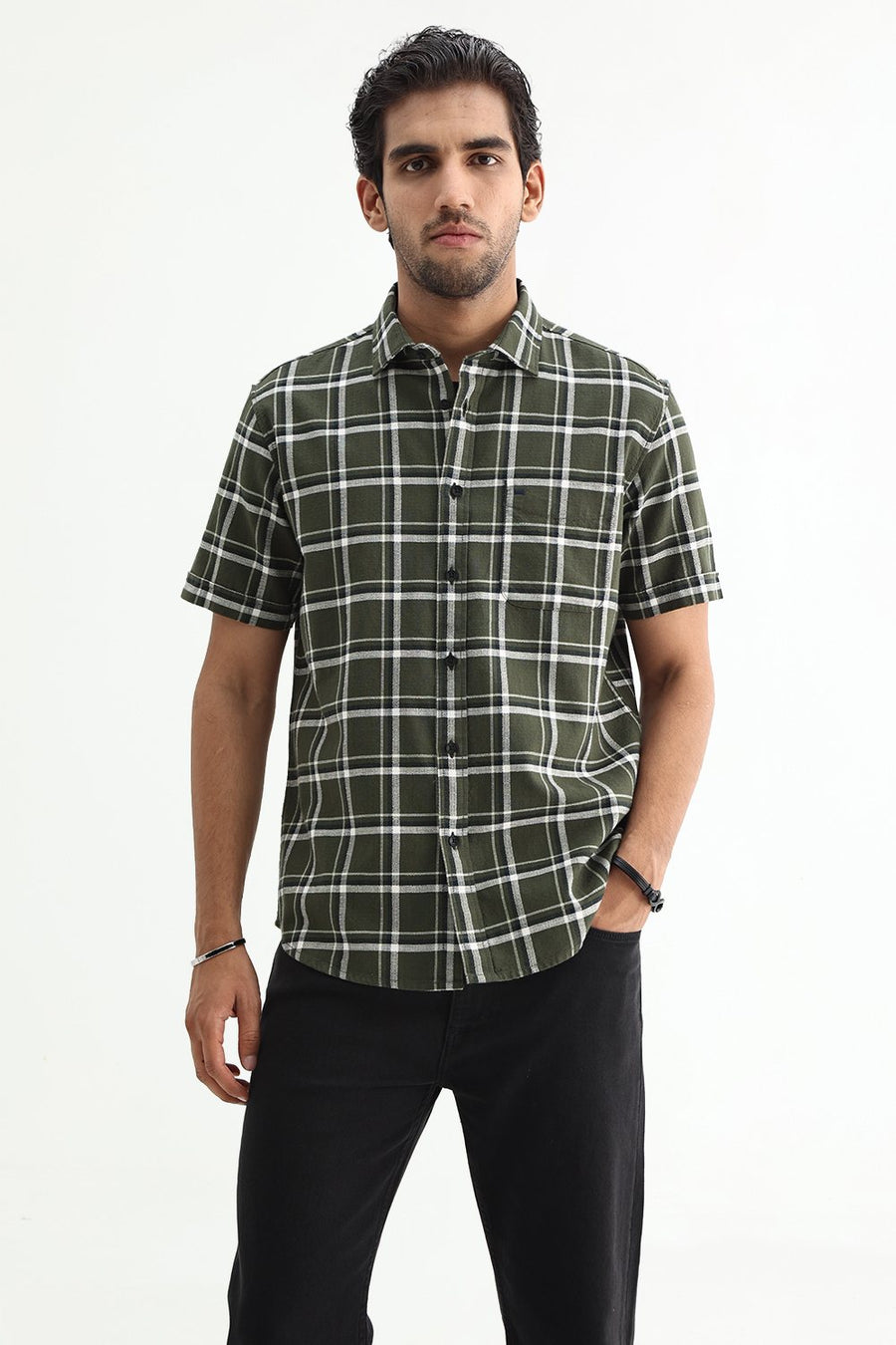 BASICS SLIM FIT  COTTON HOPSACK CHECKS HALFSLEEVES SHIRT