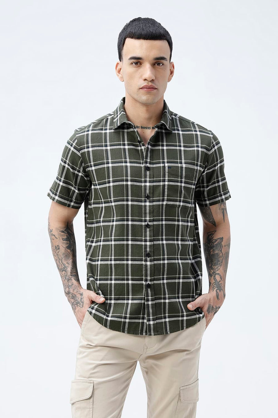 BASICS SLIM FIT  COTTON HOPSACK CHECKS HALFSLEEVES SHIRT