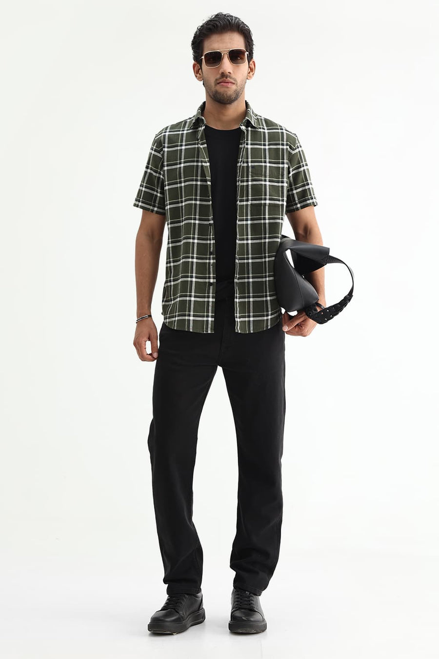 BASICS SLIM FIT  COTTON HOPSACK CHECKS HALFSLEEVES SHIRT