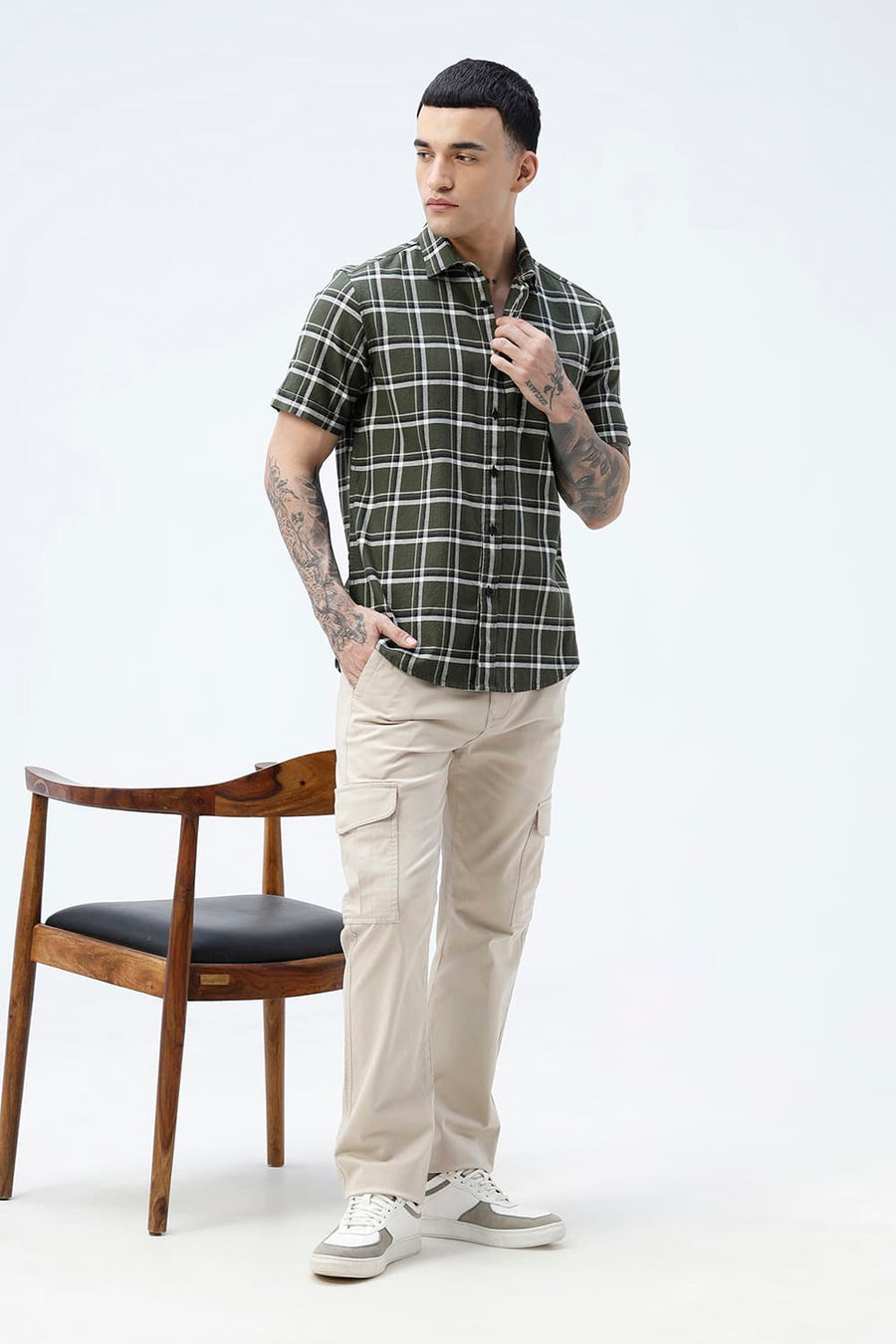 BASICS SLIM FIT  COTTON HOPSACK CHECKS HALFSLEEVES SHIRT