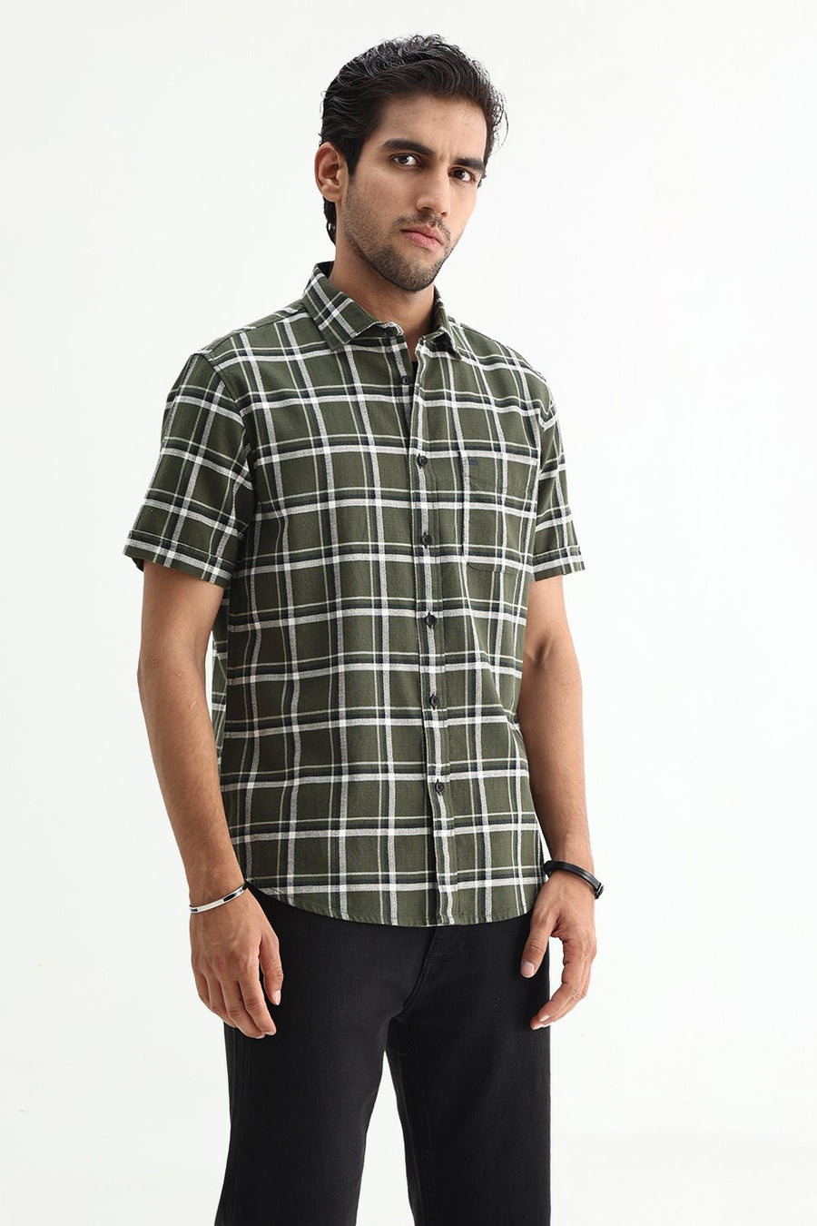 BASICS SLIM FIT  COTTON HOPSACK CHECKS HALFSLEEVES SHIRT