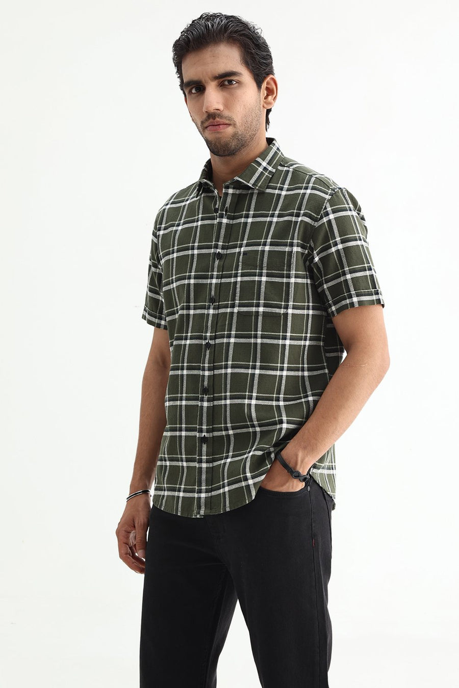 BASICS SLIM FIT  COTTON HOPSACK CHECKS HALFSLEEVES SHIRT