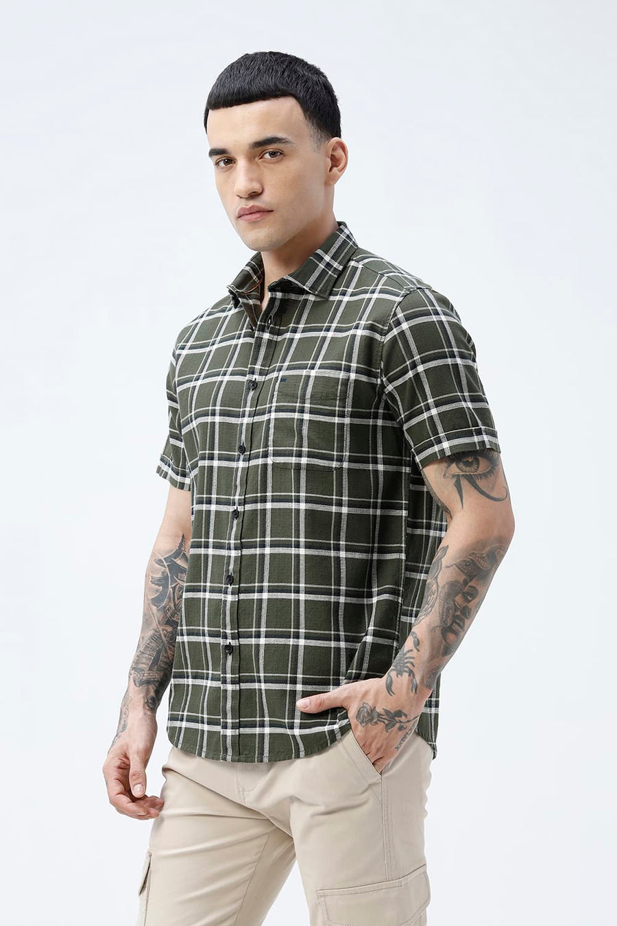 BASICS SLIM FIT  COTTON HOPSACK CHECKS HALFSLEEVES SHIRT