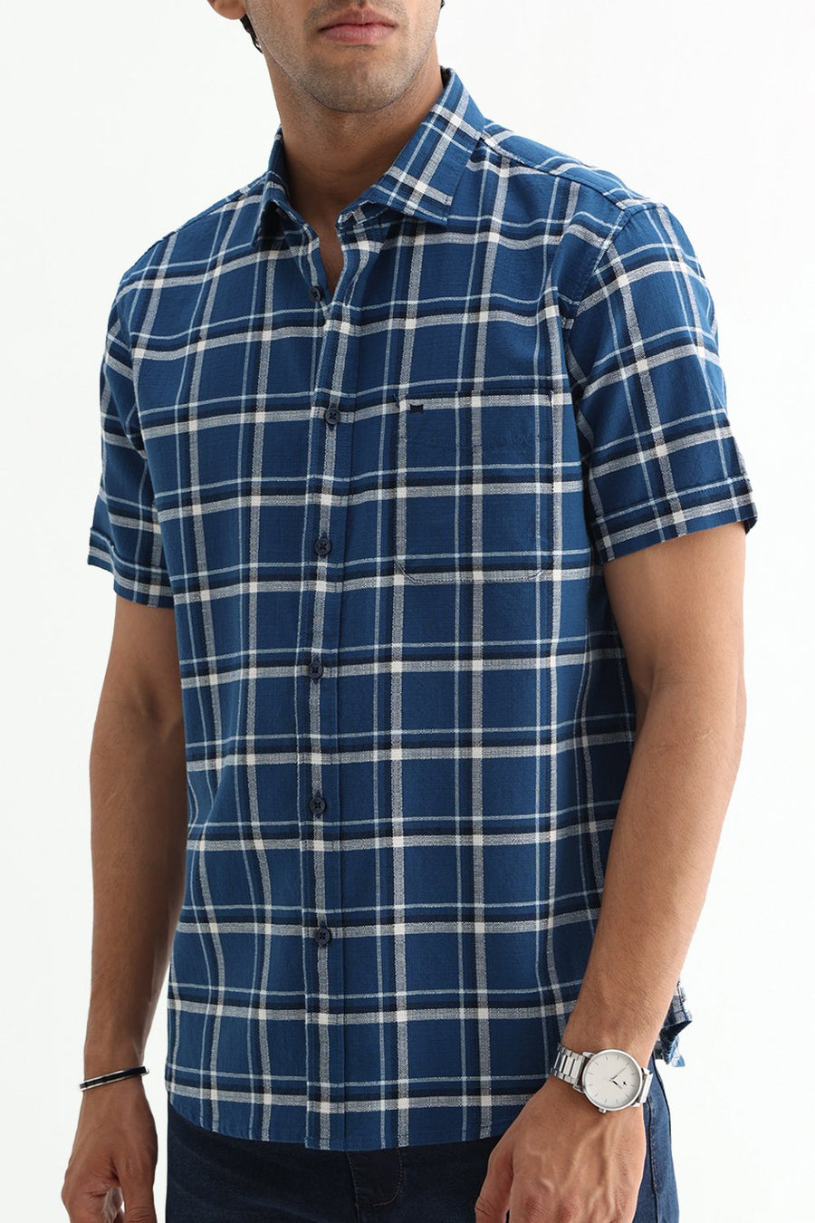 BASICS SLIM FIT  COTTON HOPSACK CHECKS HALFSLEEVES SHIRT