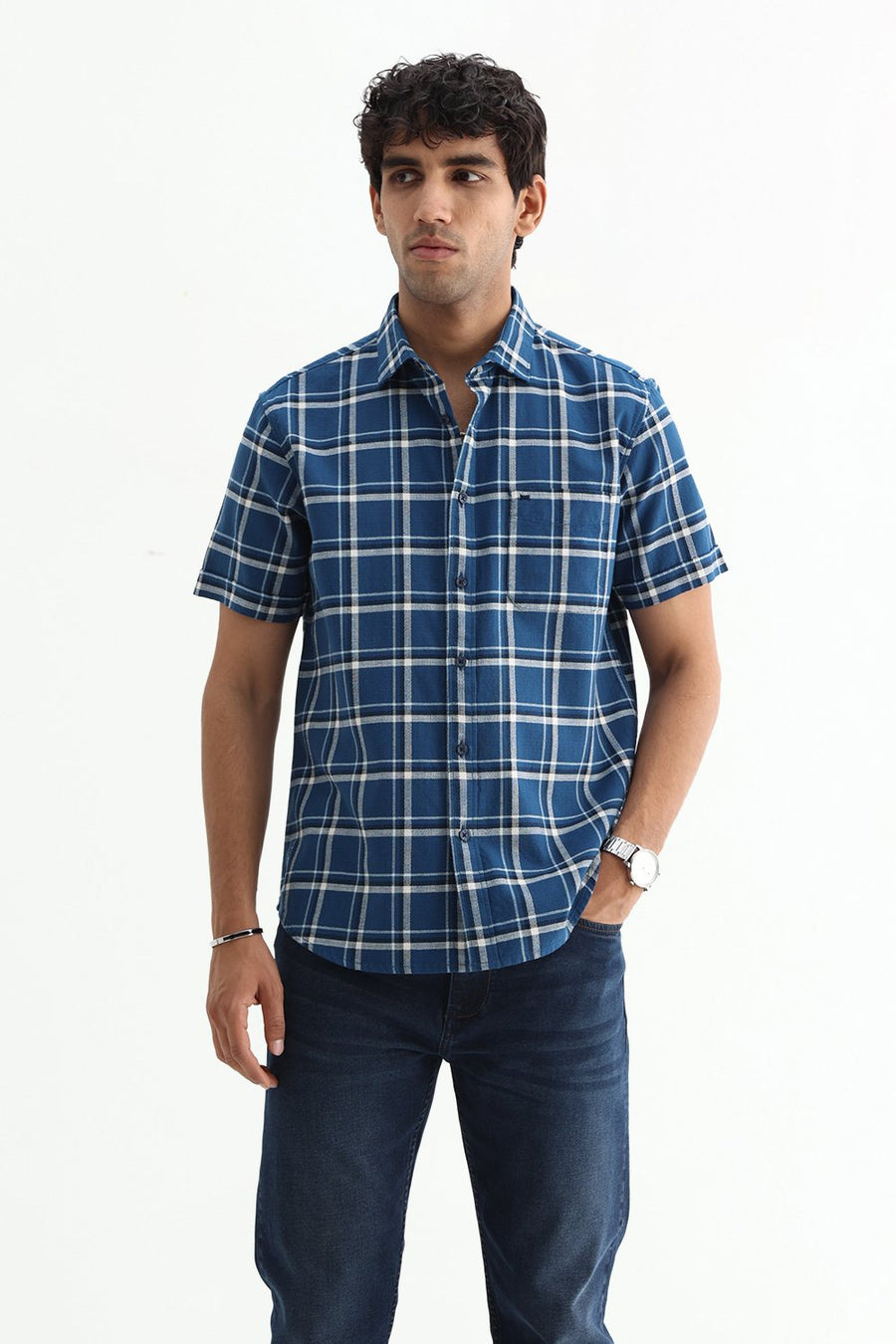 BASICS SLIM FIT  COTTON HOPSACK CHECKS HALFSLEEVES SHIRT