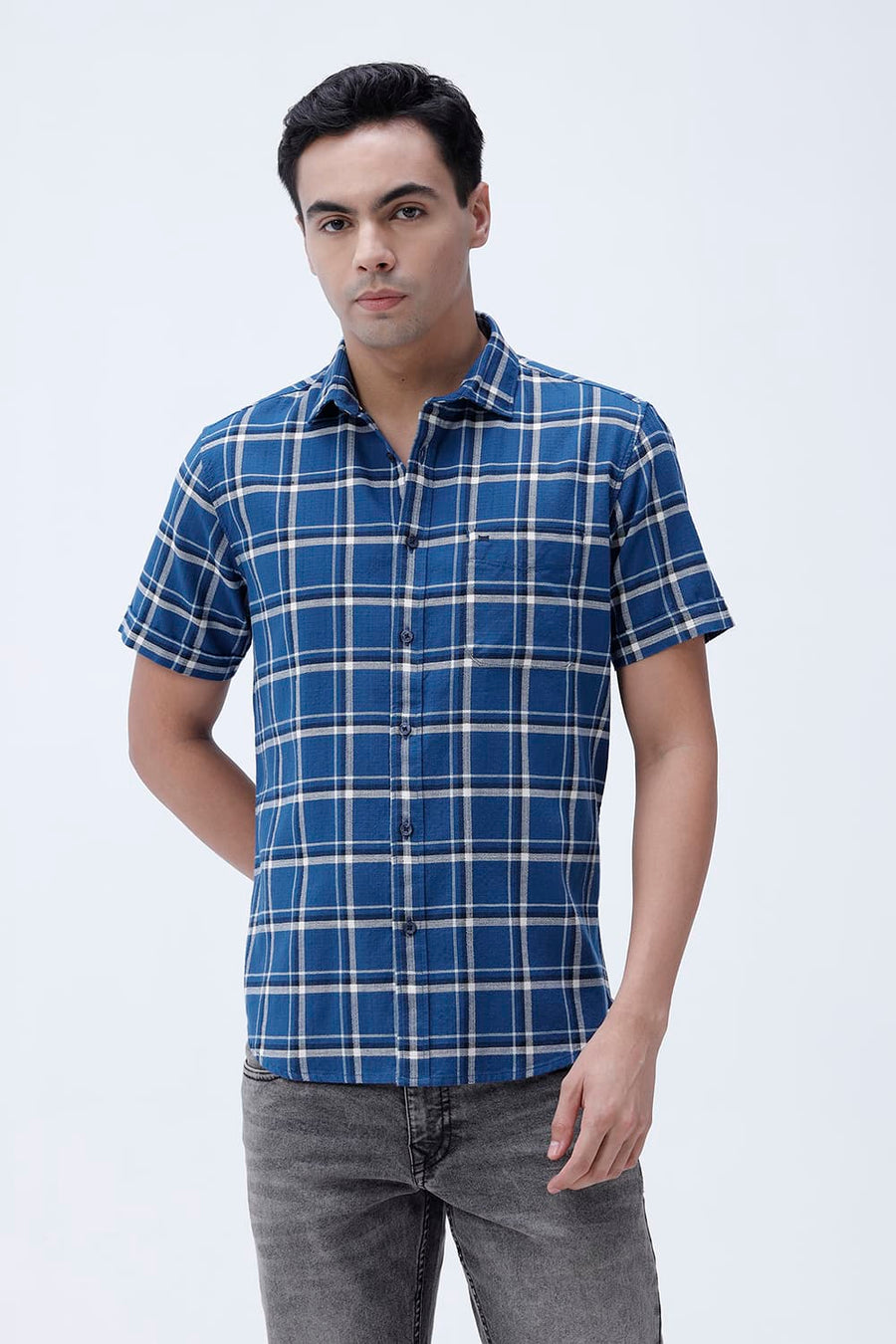 BASICS SLIM FIT  COTTON HOPSACK CHECKS HALFSLEEVES SHIRT