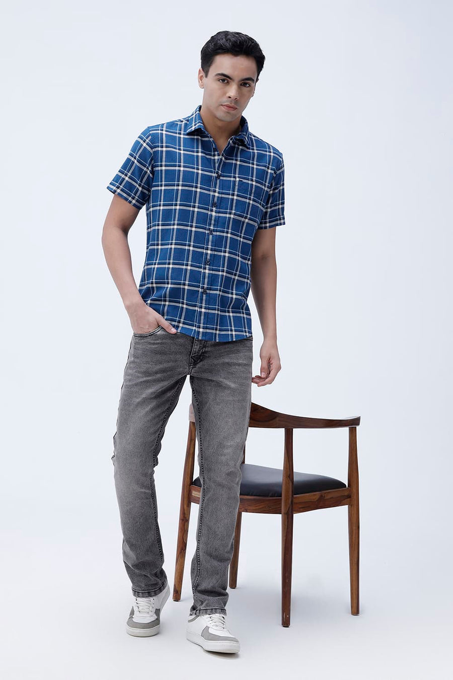 BASICS SLIM FIT  COTTON HOPSACK CHECKS HALFSLEEVES SHIRT