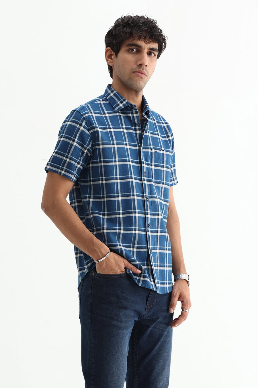 BASICS SLIM FIT  COTTON HOPSACK CHECKS HALFSLEEVES SHIRT