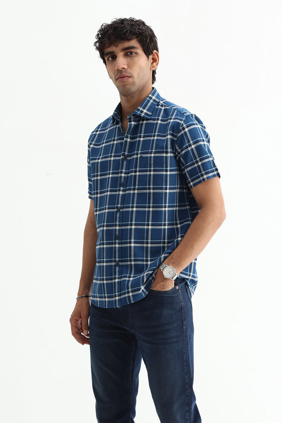 BASICS SLIM FIT  COTTON HOPSACK CHECKS HALFSLEEVES SHIRT