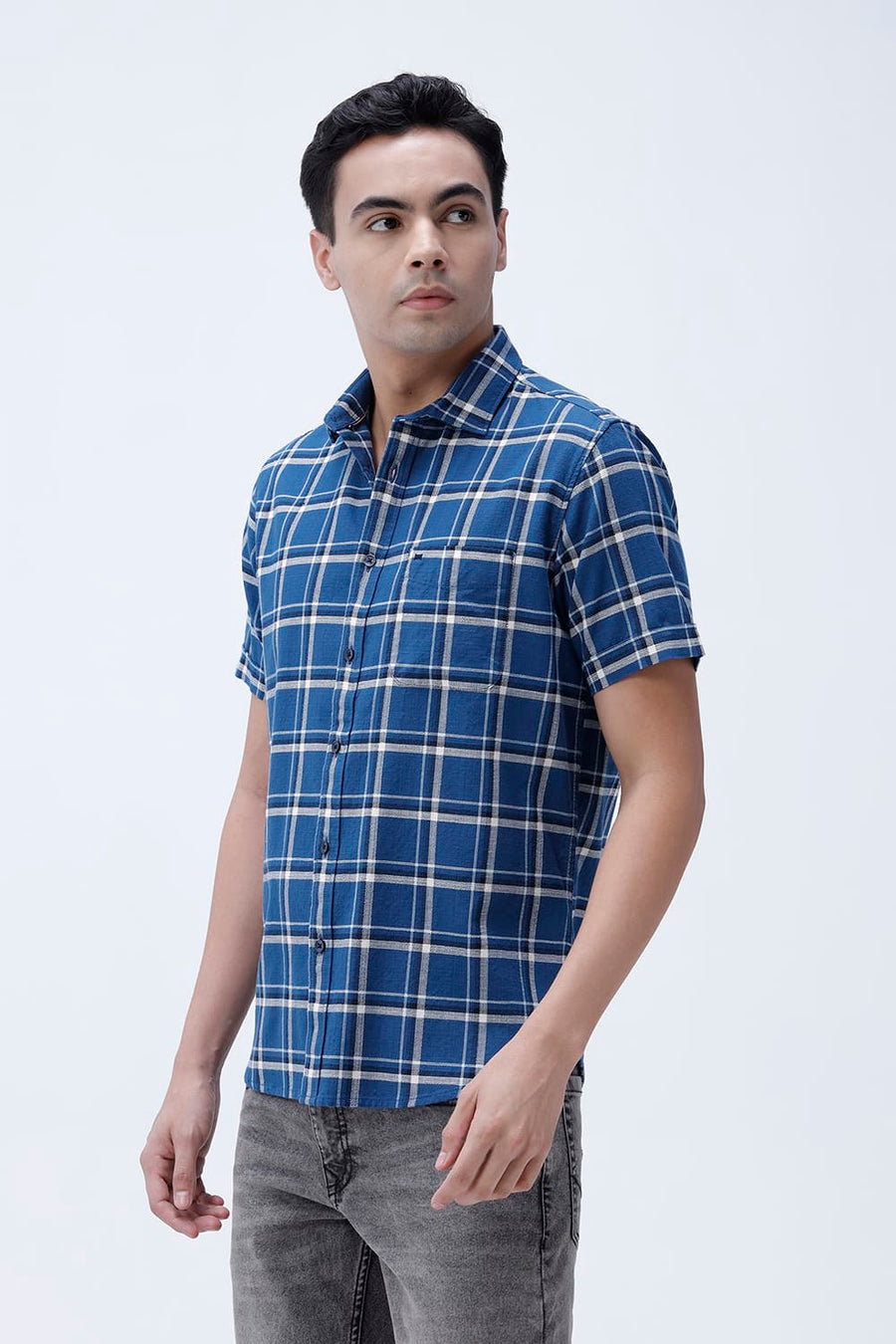BASICS SLIM FIT  COTTON HOPSACK CHECKS HALFSLEEVES SHIRT