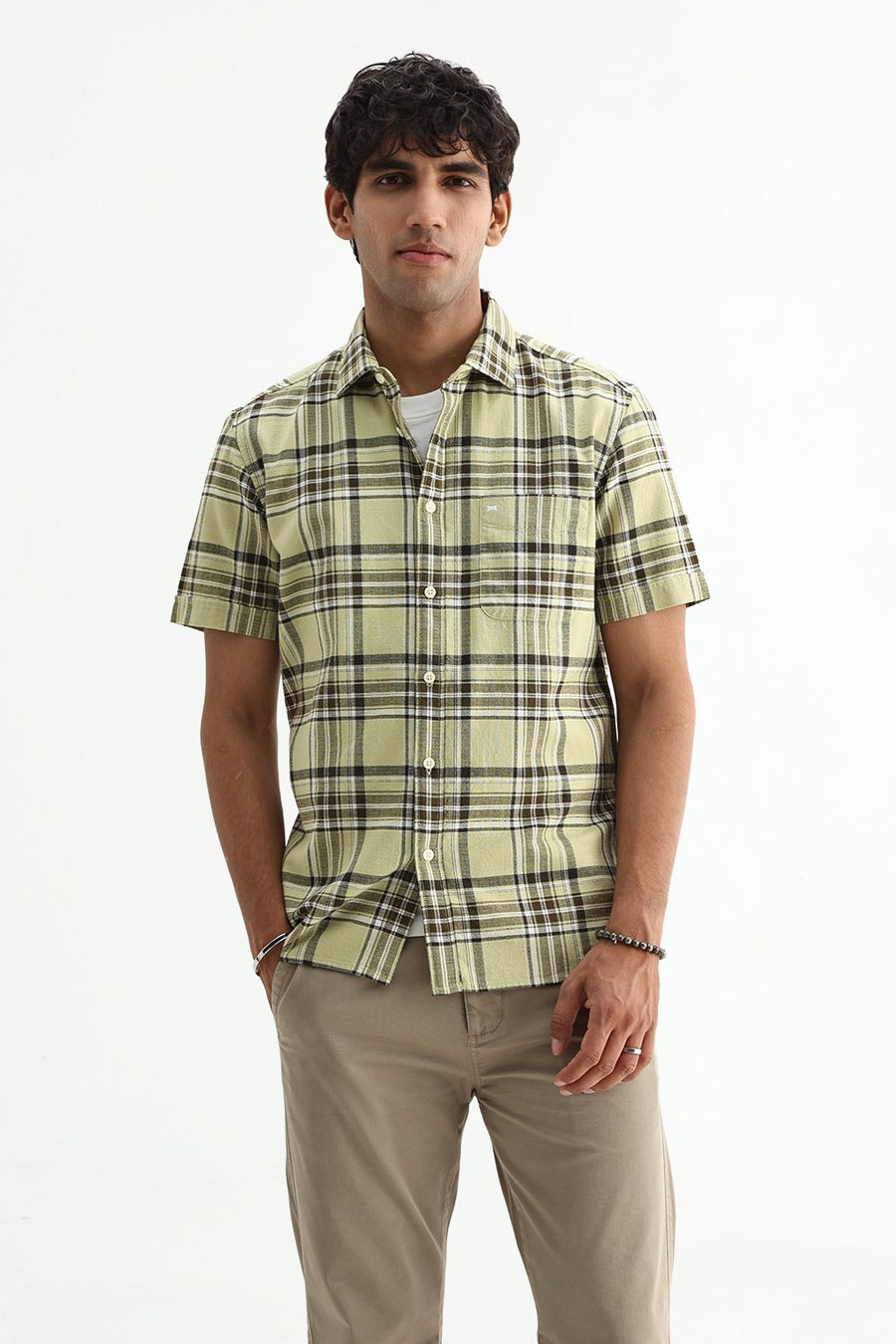 BASICS SLIM FIT  COTTON HOPSACK CHECKS HALFSLEEVES SHIRT