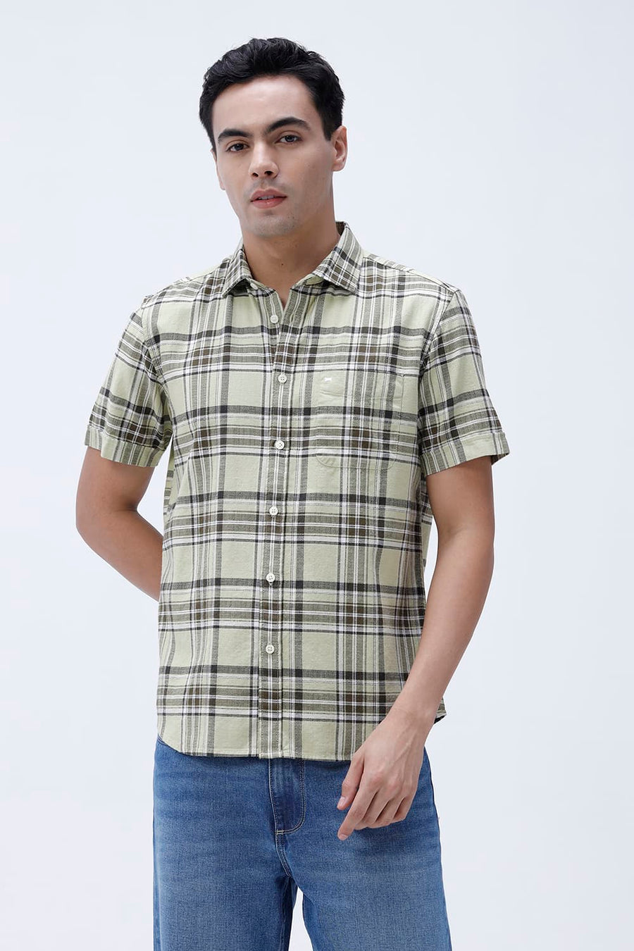 BASICS SLIM FIT  COTTON HOPSACK CHECKS HALFSLEEVES SHIRT