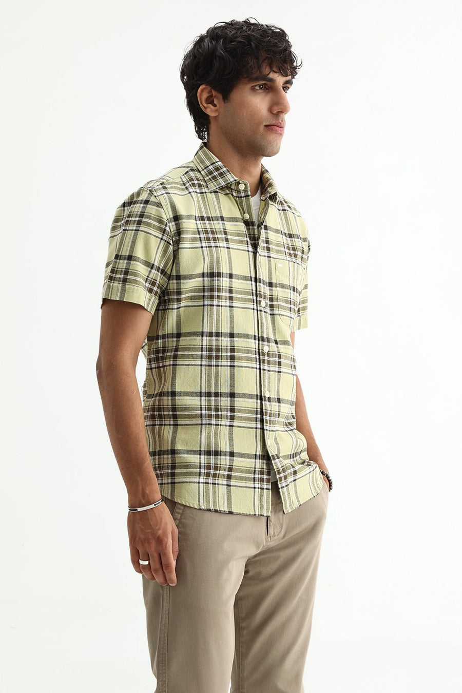 BASICS SLIM FIT  COTTON HOPSACK CHECKS HALFSLEEVES SHIRT