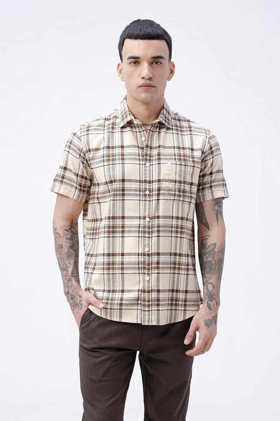BASICS SLIM FIT  COTTON HOPSACK CHECKS HALFSLEEVES SHIRT