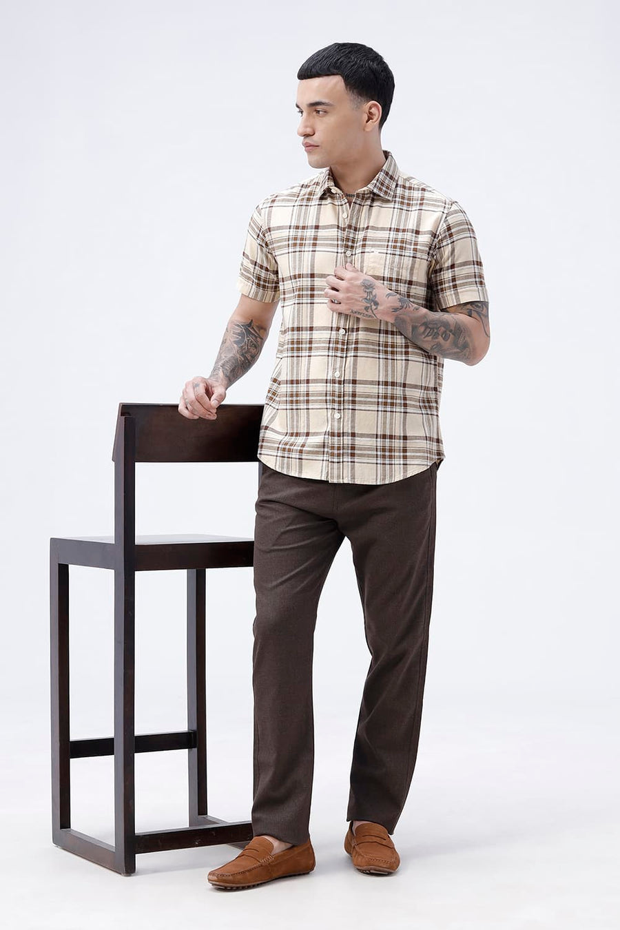 BASICS SLIM FIT  COTTON HOPSACK CHECKS HALFSLEEVES SHIRT