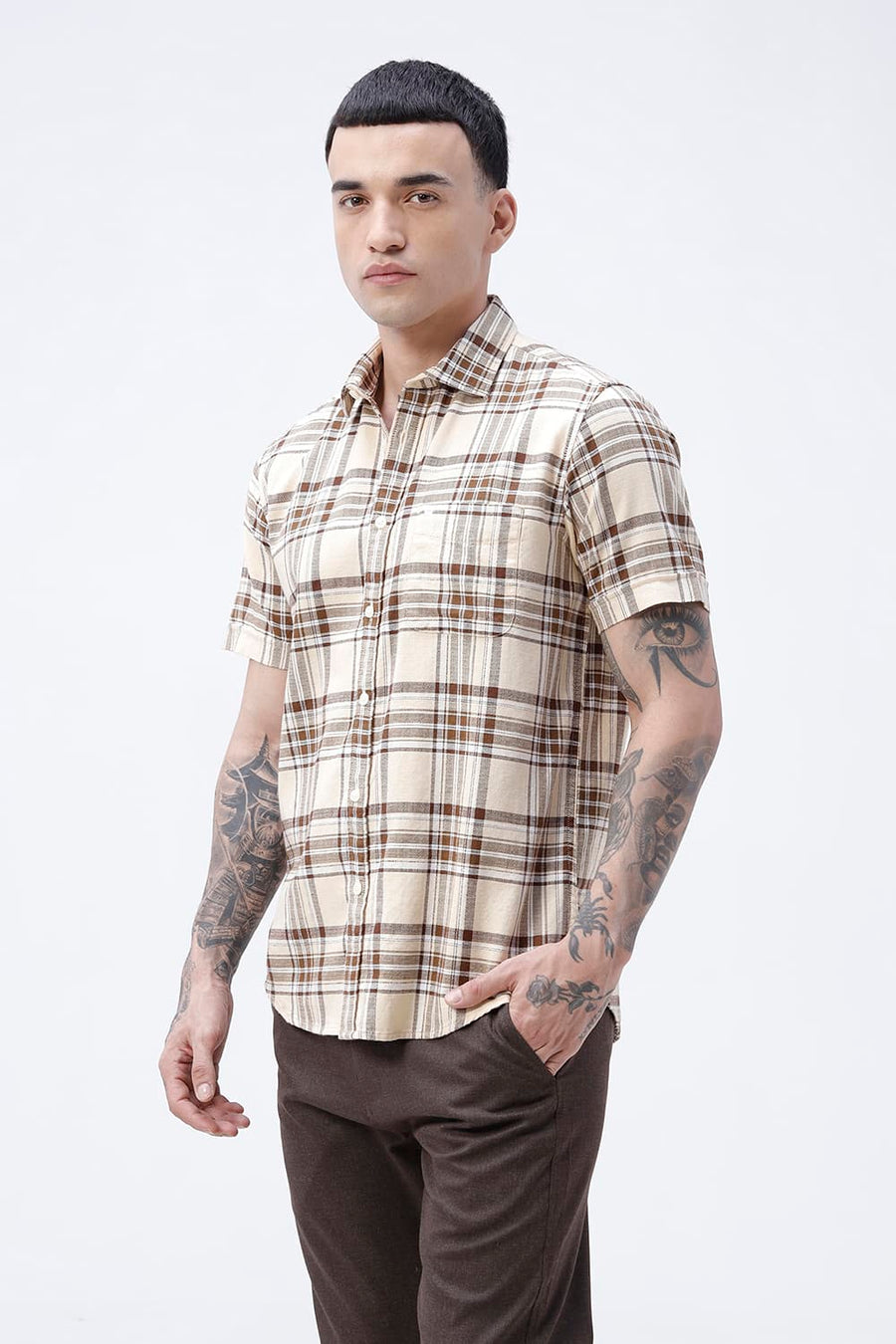 BASICS SLIM FIT  COTTON HOPSACK CHECKS HALFSLEEVES SHIRT