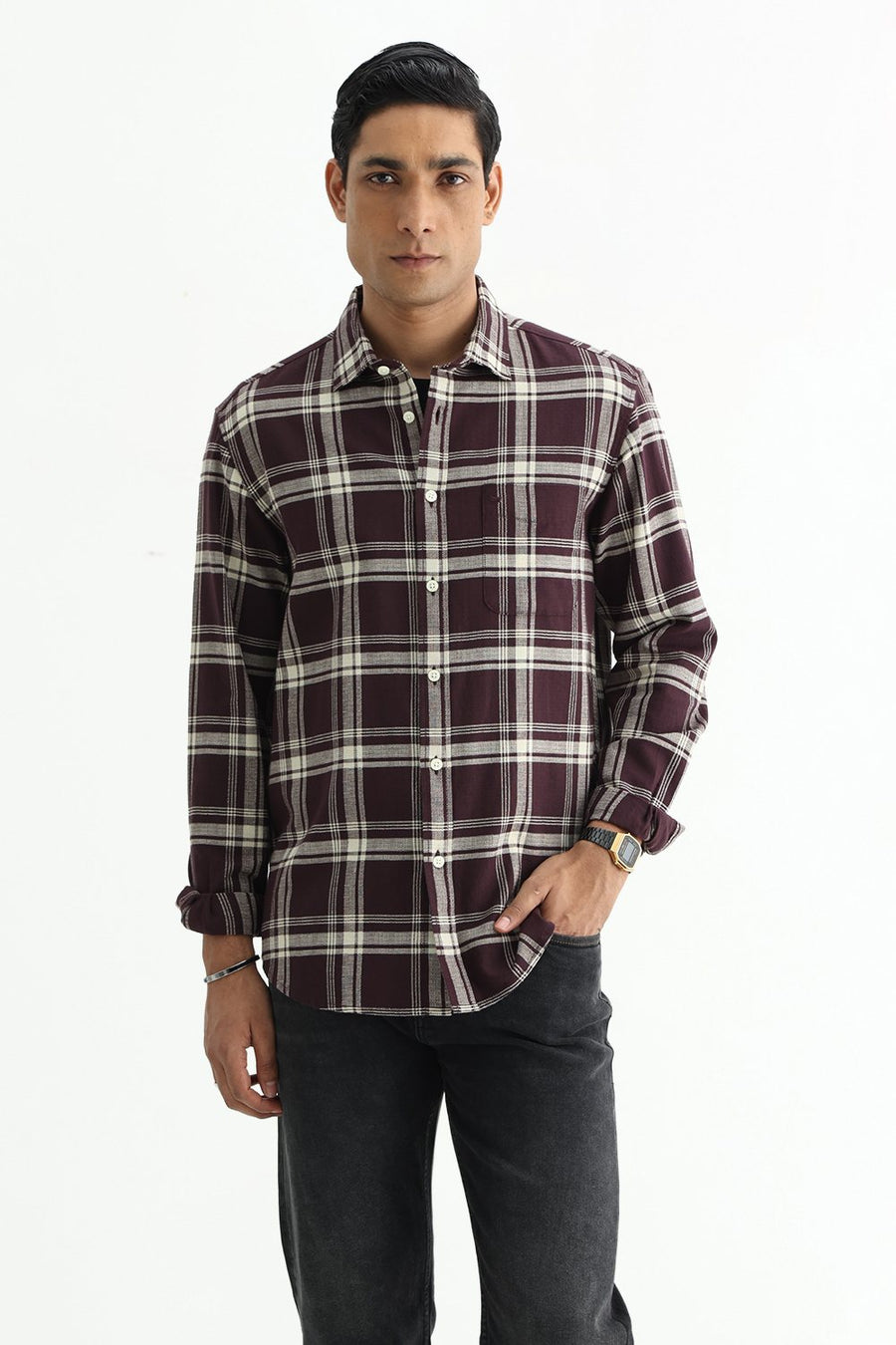 BASICS SLIM FIT  COTTON HOPSACK CHECKS SHIRT