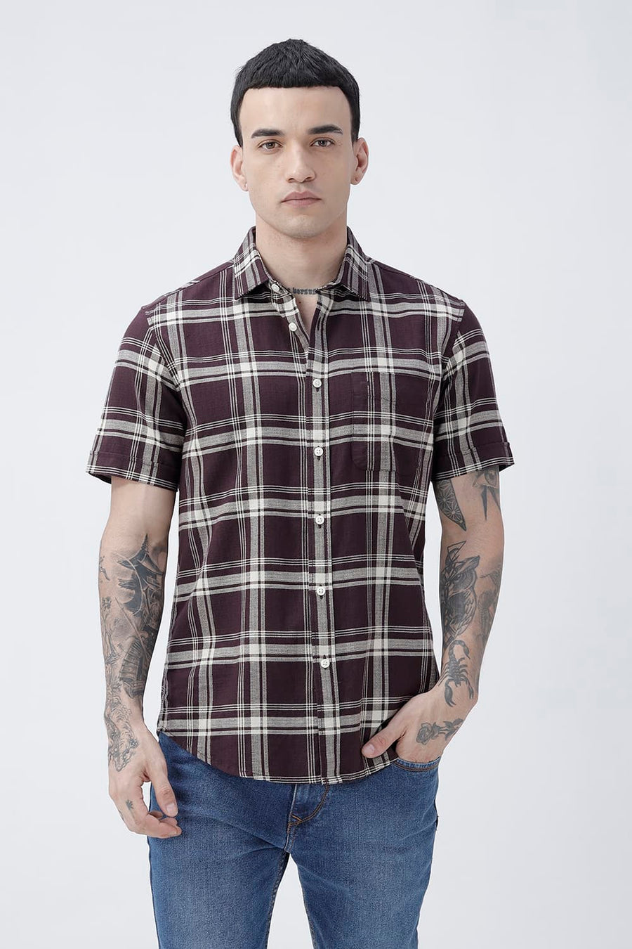 BASICS SLIM FIT  COTTON HOPSACK CHECKS HALFSLEEVES SHIRT