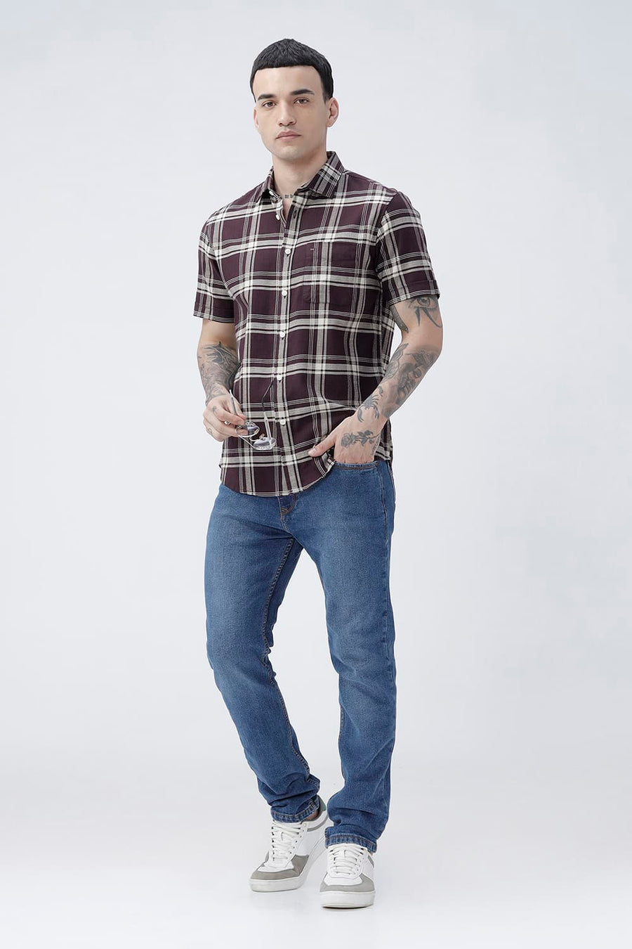 BASICS SLIM FIT  COTTON HOPSACK CHECKS HALFSLEEVES SHIRT