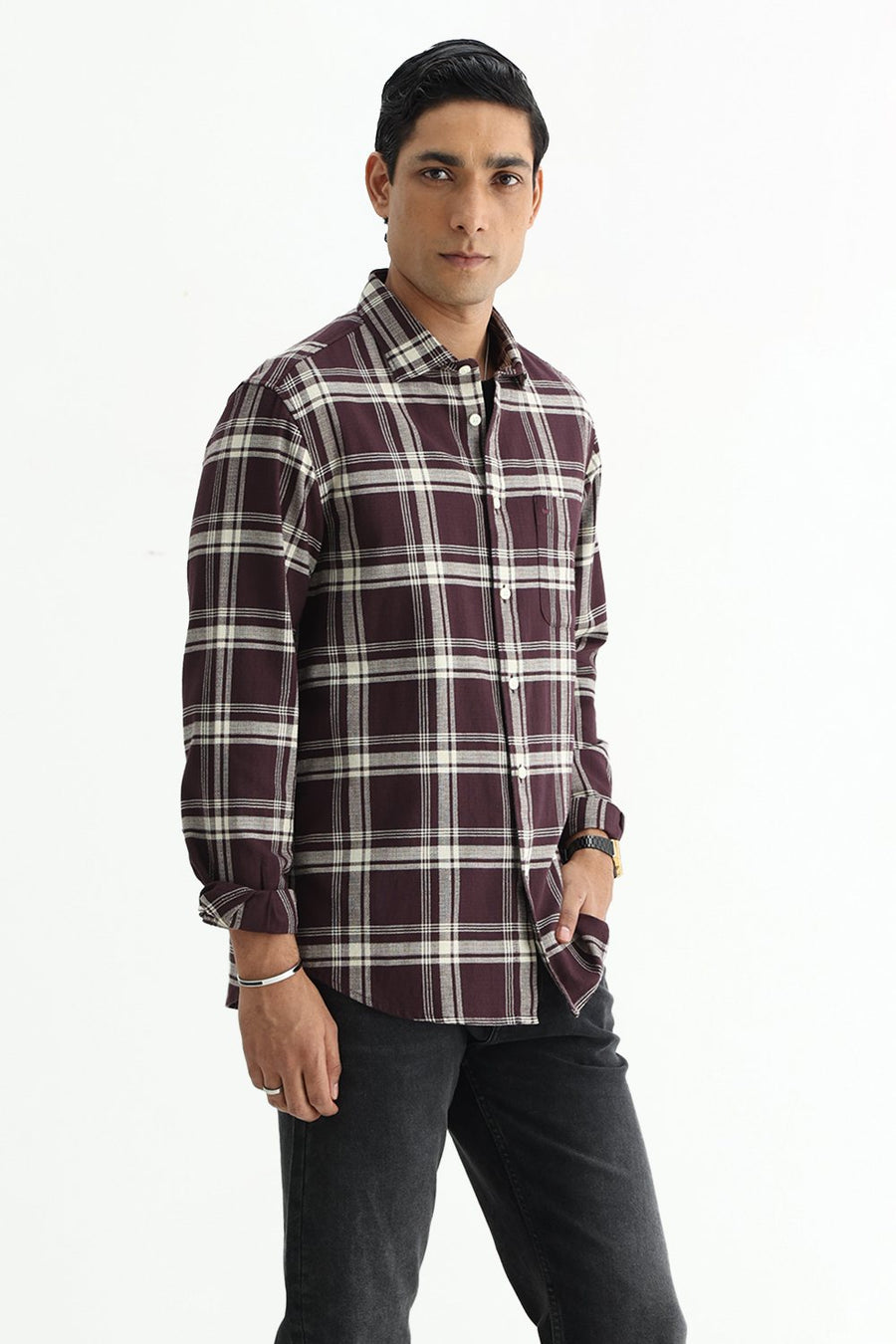 BASICS SLIM FIT  COTTON HOPSACK CHECKS SHIRT