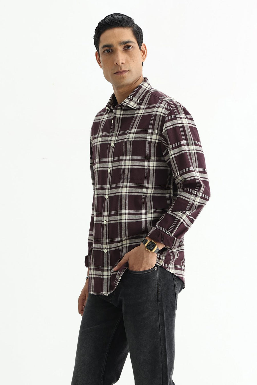 BASICS SLIM FIT  COTTON HOPSACK CHECKS SHIRT