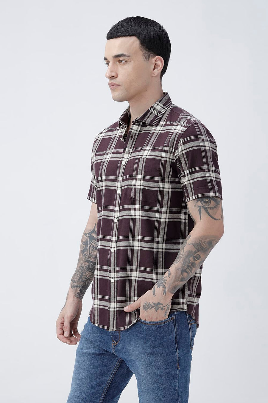 BASICS SLIM FIT  COTTON HOPSACK CHECKS HALFSLEEVES SHIRT