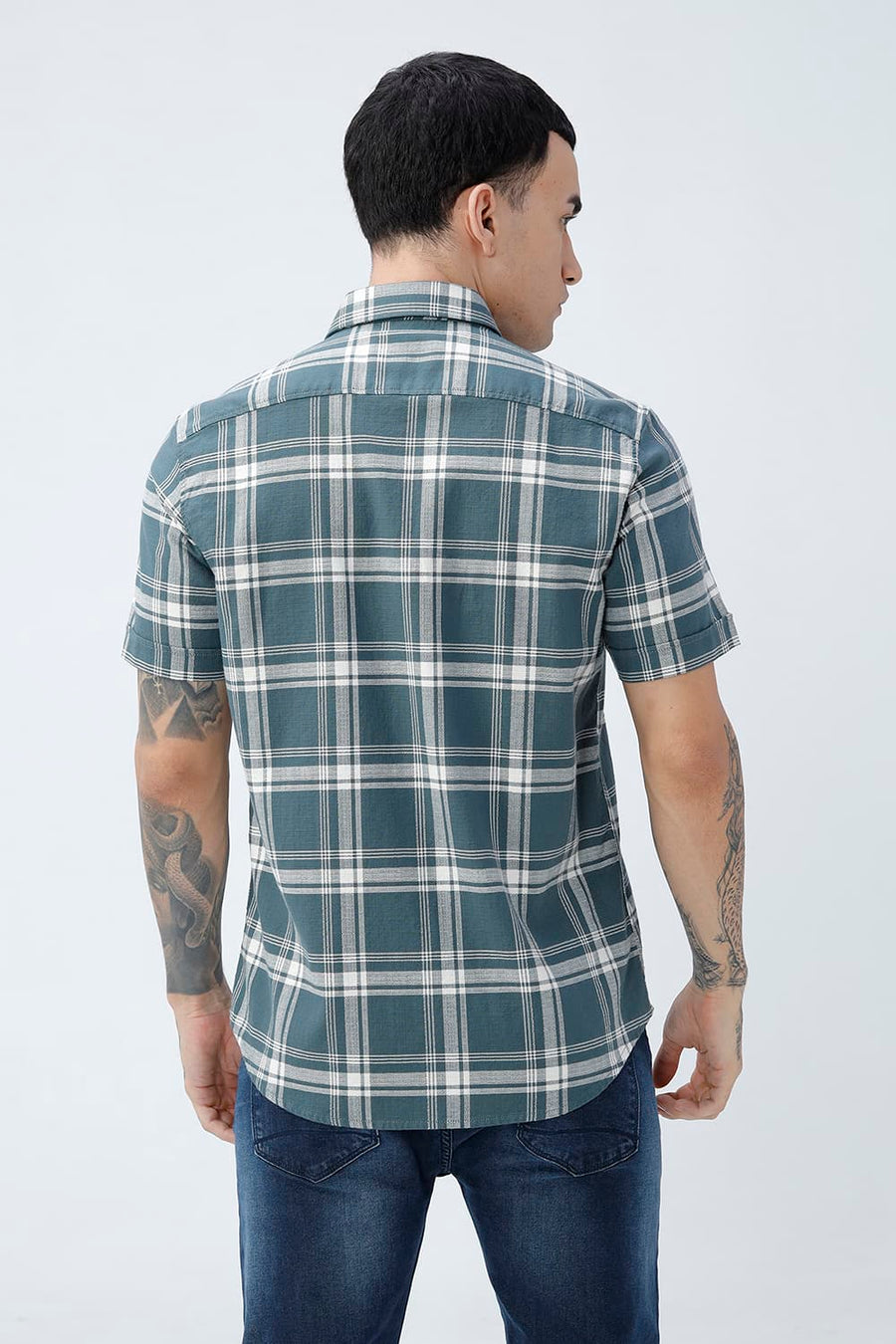 BASICS SLIM FIT  COTTON HOPSACK CHECKS HALFSLEEVES SHIRT