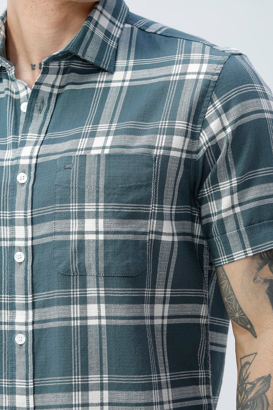 BASICS SLIM FIT  COTTON HOPSACK CHECKS HALFSLEEVES SHIRT