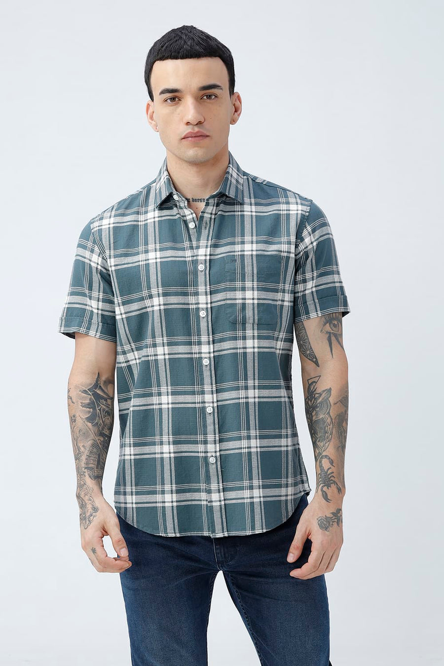 BASICS SLIM FIT  COTTON HOPSACK CHECKS HALFSLEEVES SHIRT