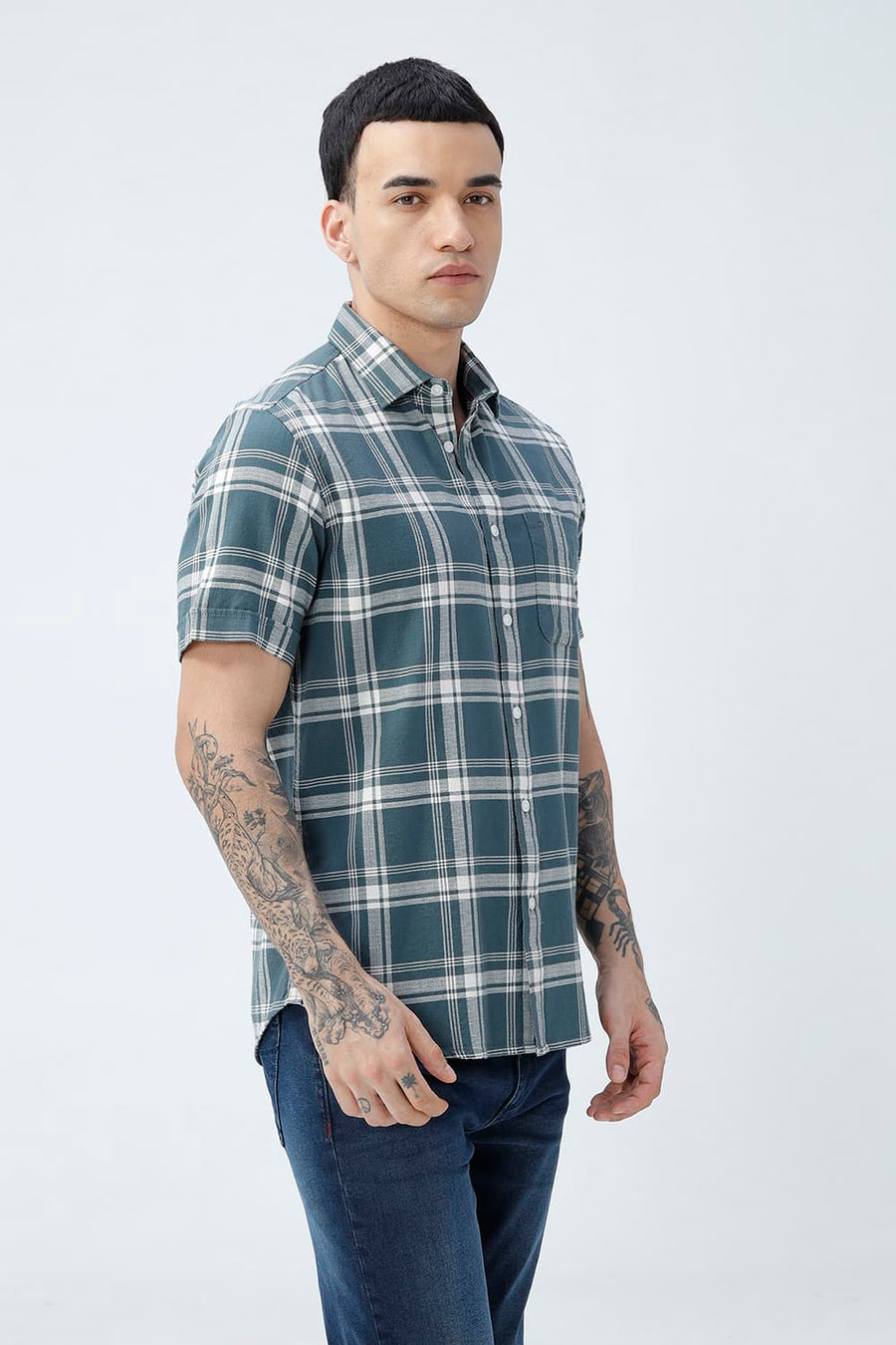 BASICS SLIM FIT  COTTON HOPSACK CHECKS HALFSLEEVES SHIRT