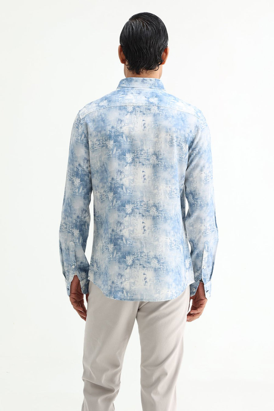 BASICS SLIM FIT BLUE FIN COTTON VISCOSE DIGITAL PRINTED SHIRT