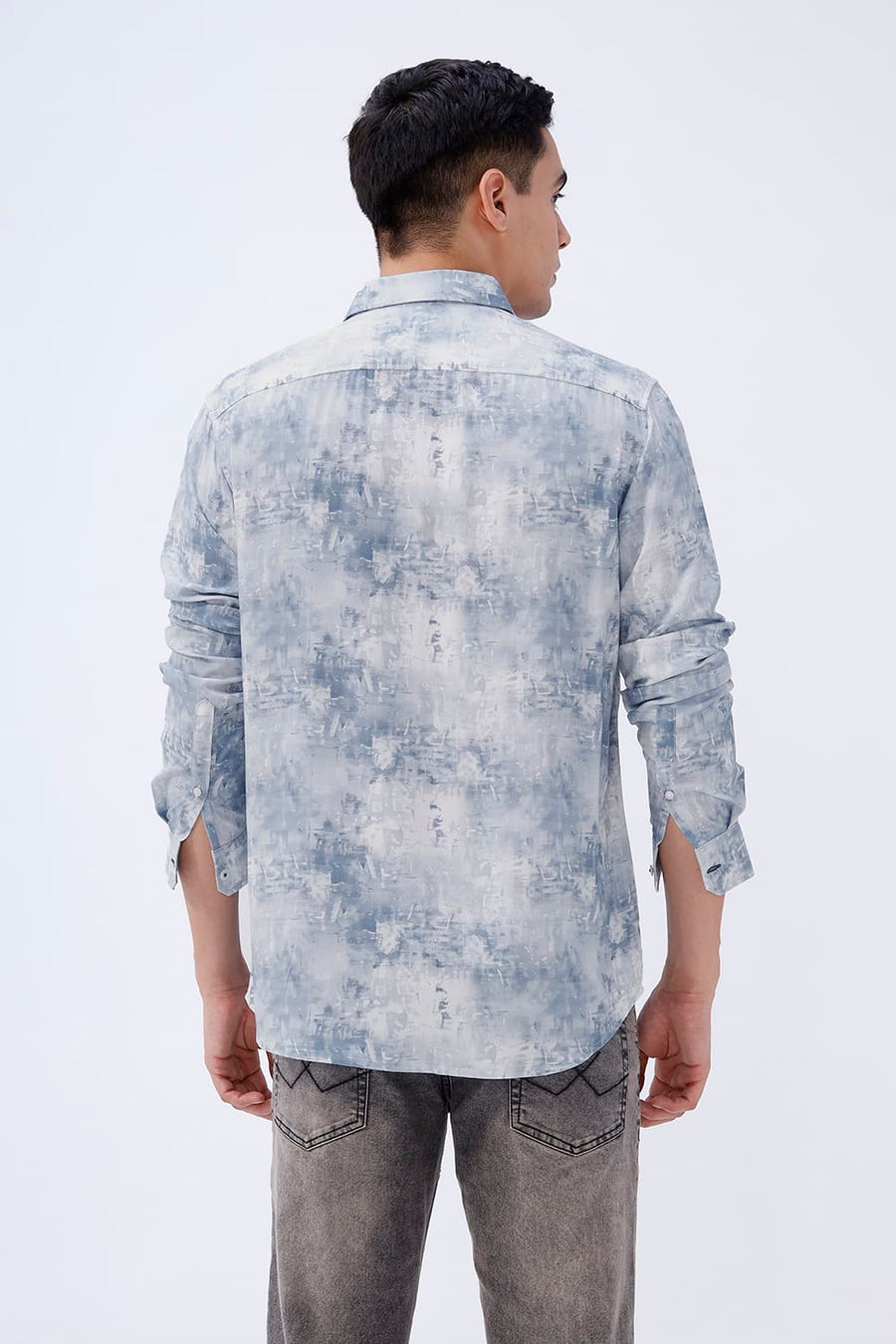 BASICS SLIM FIT BLUE FIN COTTON VISCOSE DIGITAL PRINTED SHIRT