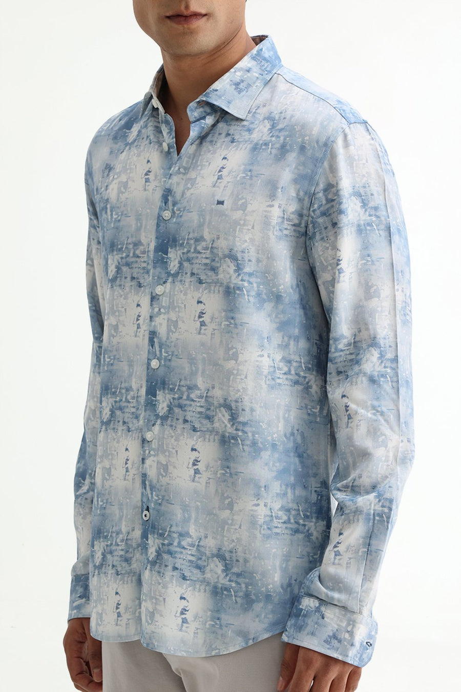 BASICS SLIM FIT BLUE FIN COTTON VISCOSE DIGITAL PRINTED SHIRT