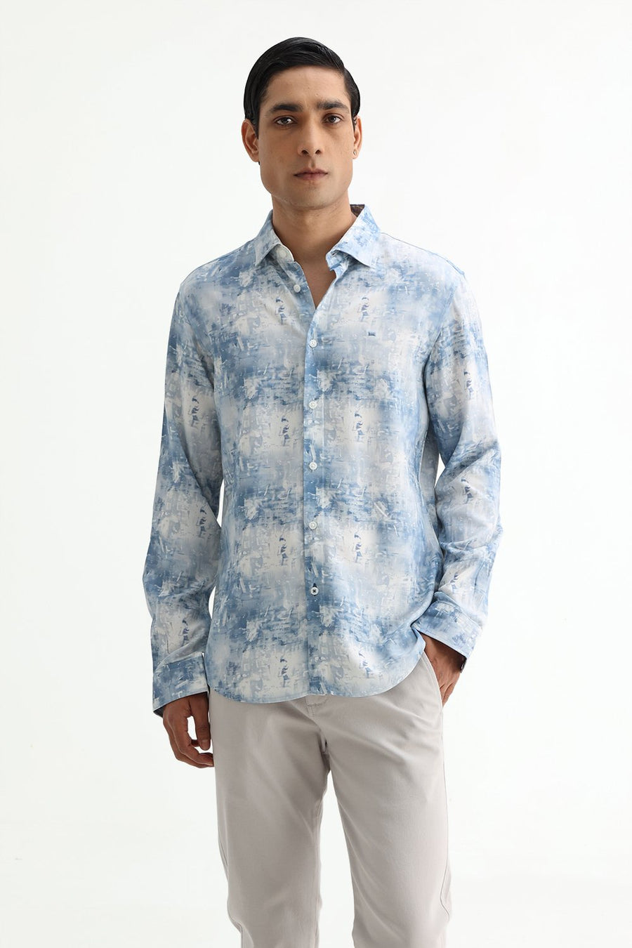 BASICS SLIM FIT BLUE FIN COTTON VISCOSE DIGITAL PRINTED SHIRT