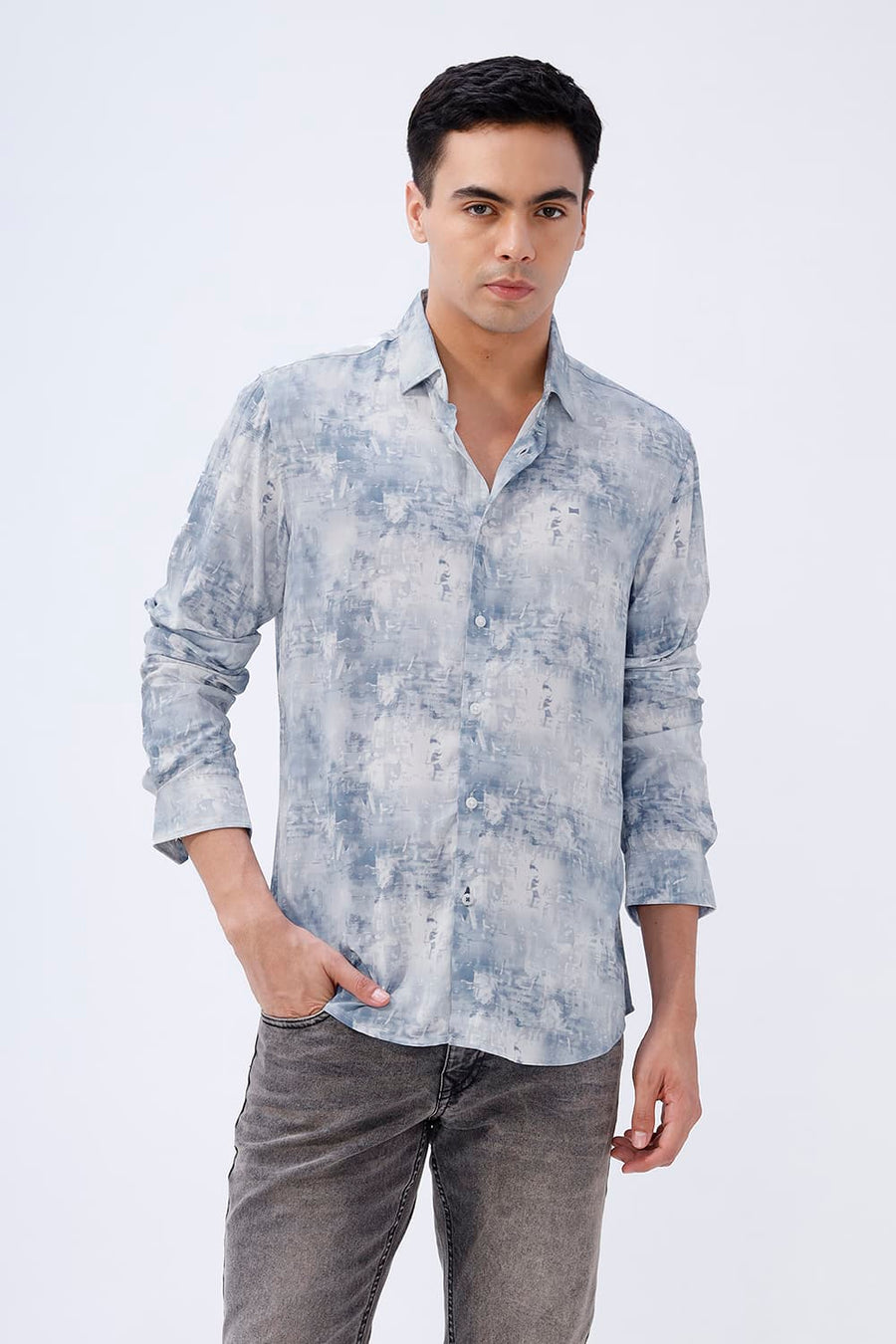 BASICS SLIM FIT BLUE FIN COTTON VISCOSE DIGITAL PRINTED SHIRT