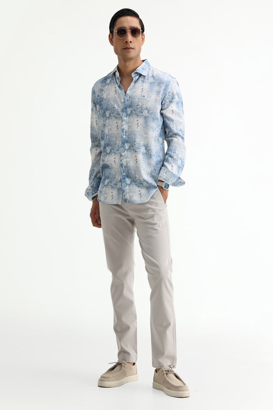 BASICS SLIM FIT BLUE FIN COTTON VISCOSE DIGITAL PRINTED SHIRT