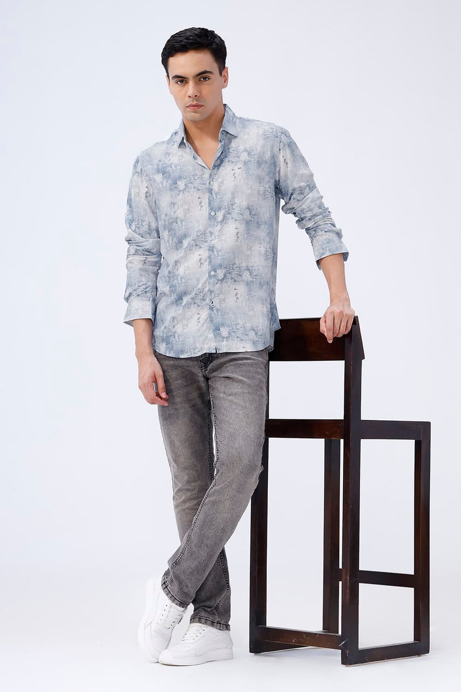 BASICS SLIM FIT BLUE FIN COTTON VISCOSE DIGITAL PRINTED SHIRT