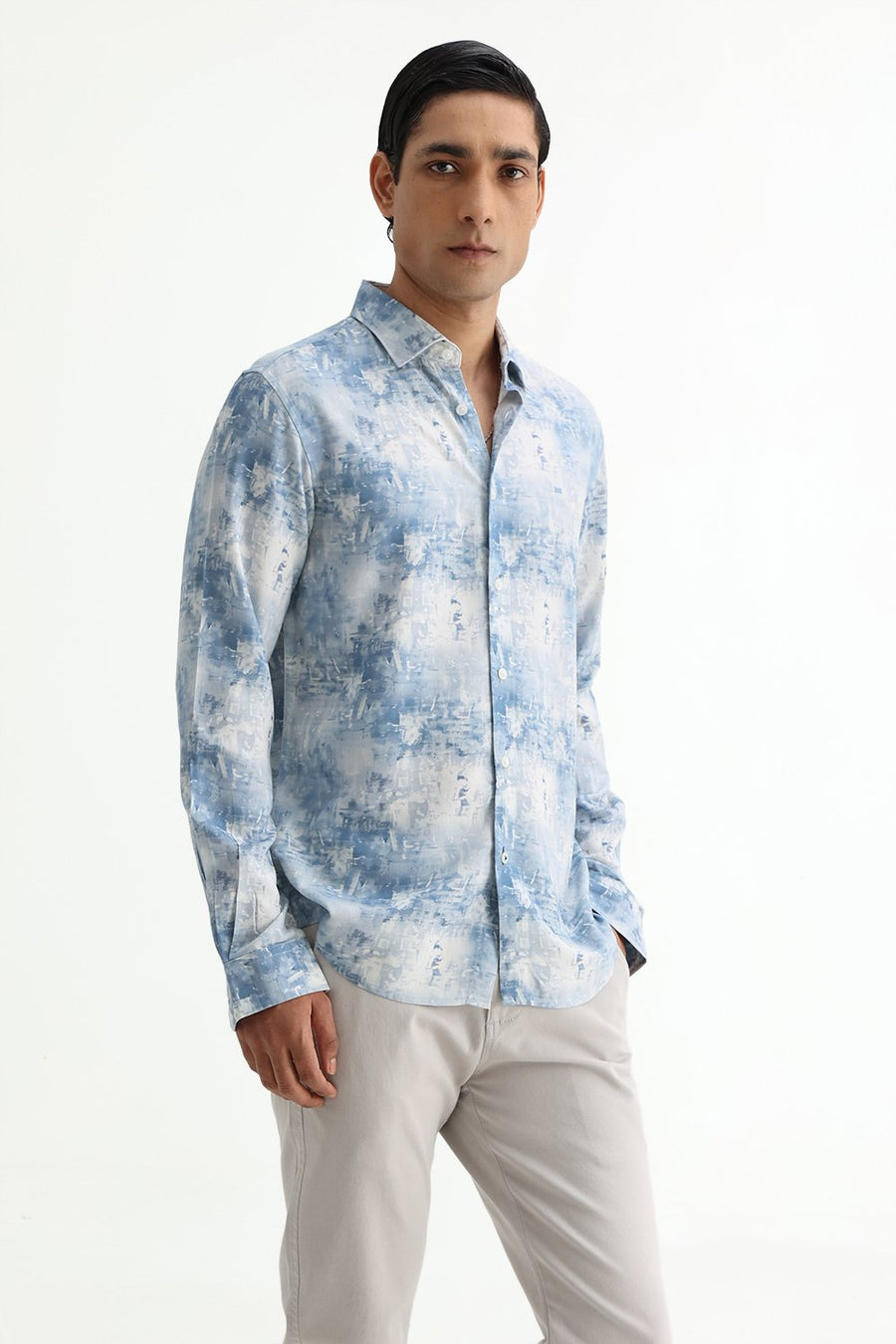 BASICS SLIM FIT BLUE FIN COTTON VISCOSE DIGITAL PRINTED SHIRT